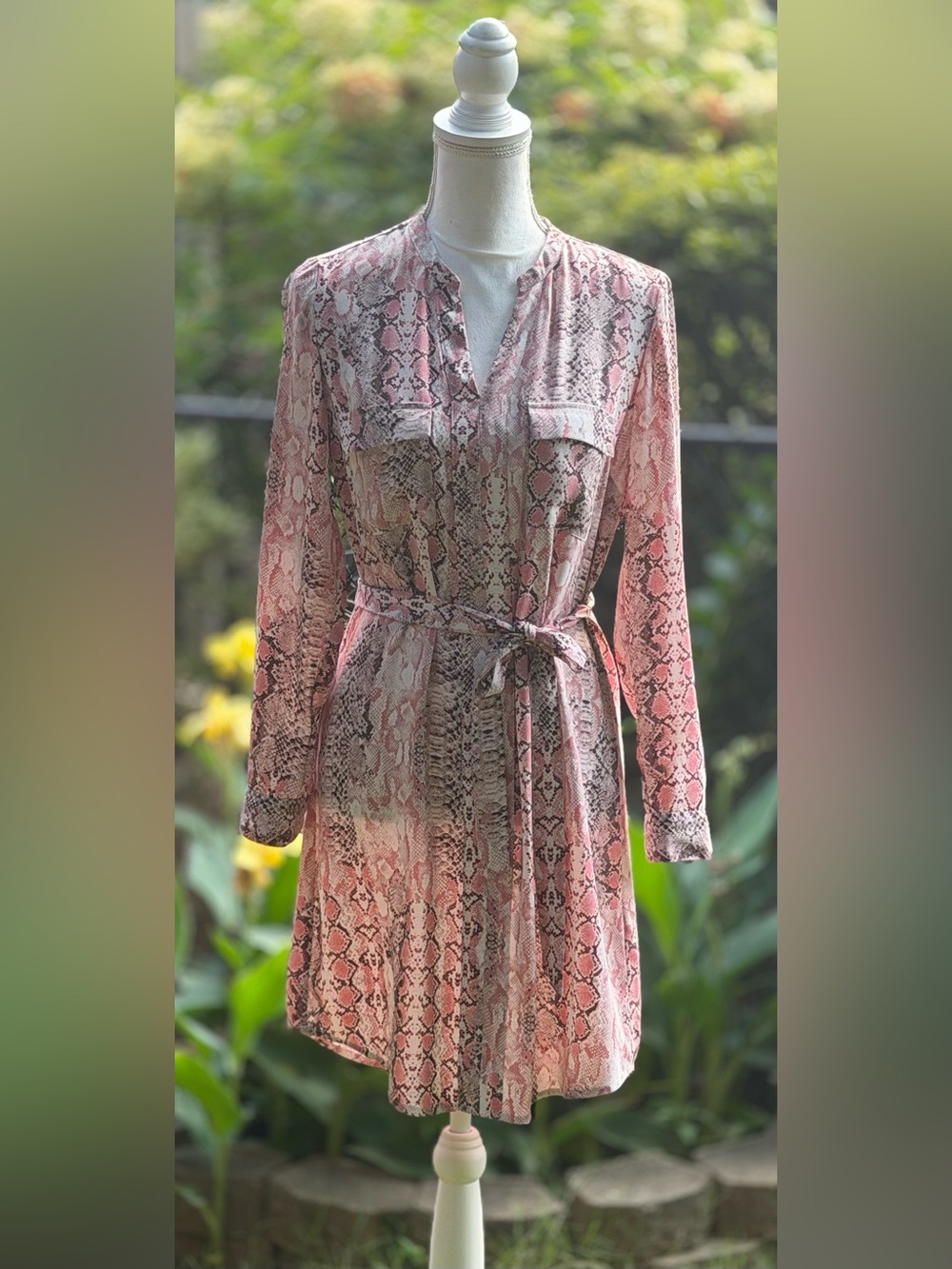 🦋 Nanette Lepore Pink Snake Print Belted Shirt Dress